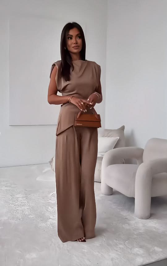 Women's Sleeveless Suit Fashion Slim Irregular Split Top And Straight Pants Solid Trouser Set