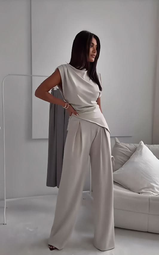 Women's Sleeveless Suit Fashion Slim Irregular Split Top And Straight Pants Solid Trouser Set