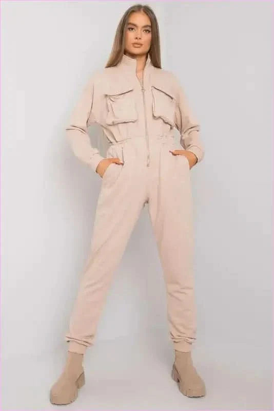 Beige Cotton Jumpsuit Everyday Fashion Style