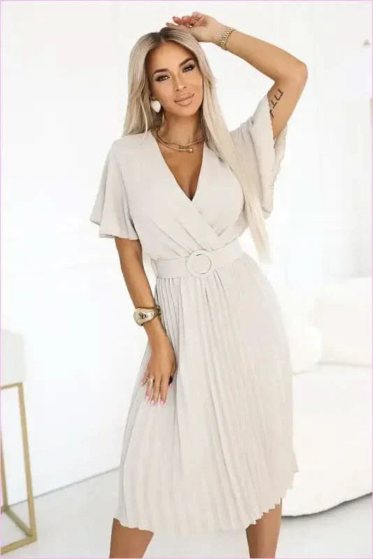 Beige Wrap Midi Dress Unique Style Fashion