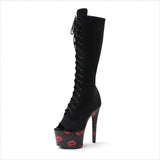 Black High Platform Heel Peep Toe Knee High Boots with Lip Prints