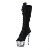 Black High Platform Heel Peep Toe Knee High Boots with Lip Prints