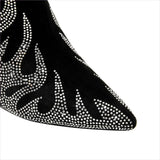 Black Knee-high Boots with Unique Tiger Mouth and Rhinestone Flame Pattern