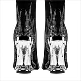 Black Knee-high Boots with Unique Tiger Mouth and Rhinestone Flame Pattern