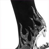 Black Knee-high Boots with Unique Tiger Mouth and Rhinestone Flame Pattern