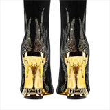 Black Knee-high Boots with Unique Tiger Mouth and Rhinestone Flame Pattern