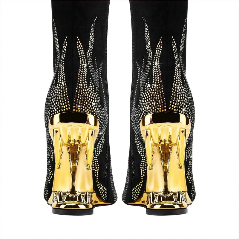 Black Knee-high Boots with Unique Tiger Mouth and Rhinestone Flame Pattern