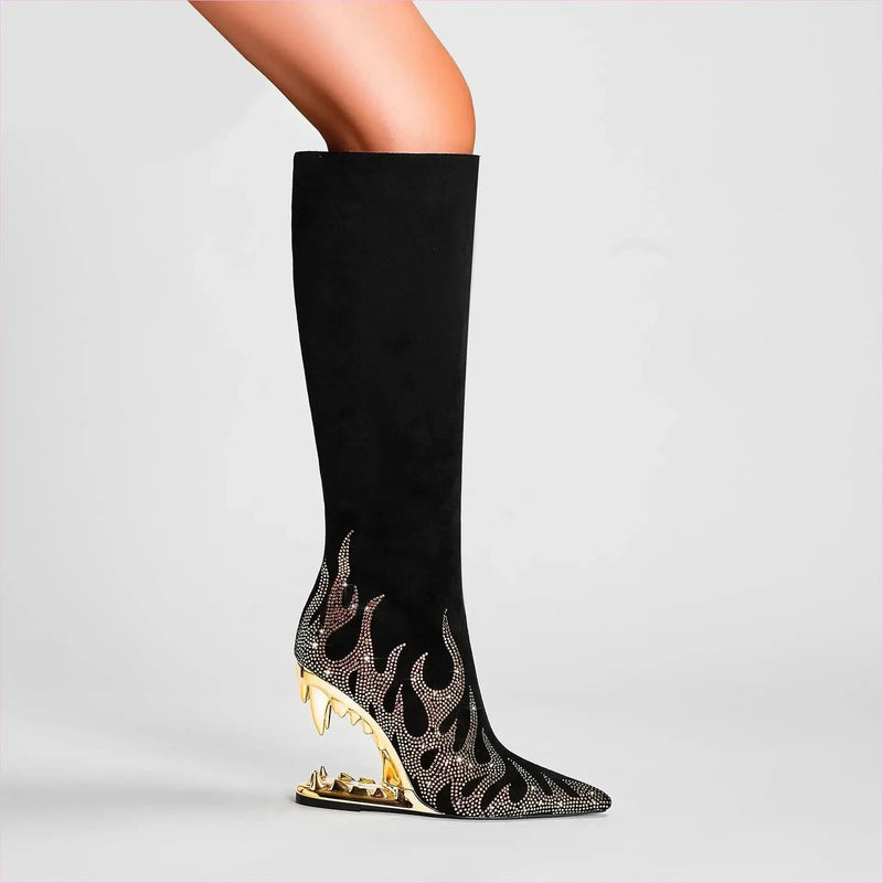 Black Knee-high Boots with Unique Tiger Mouth and Rhinestone Flame Pattern