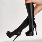 Black Knee Length Stiletto Platform Boots for Bold Style
