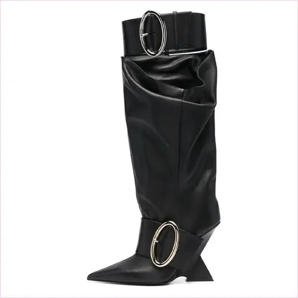 Black Leather Knee-high Boots with Pointed Toe and Unique High Wedge