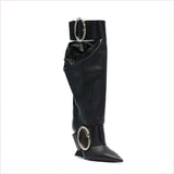 Black Leather Knee-high Boots with Pointed Toe and Unique High Wedge