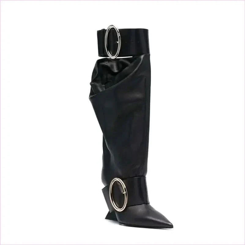 Black Leather Knee-high Boots with Pointed Toe and Unique High Wedge