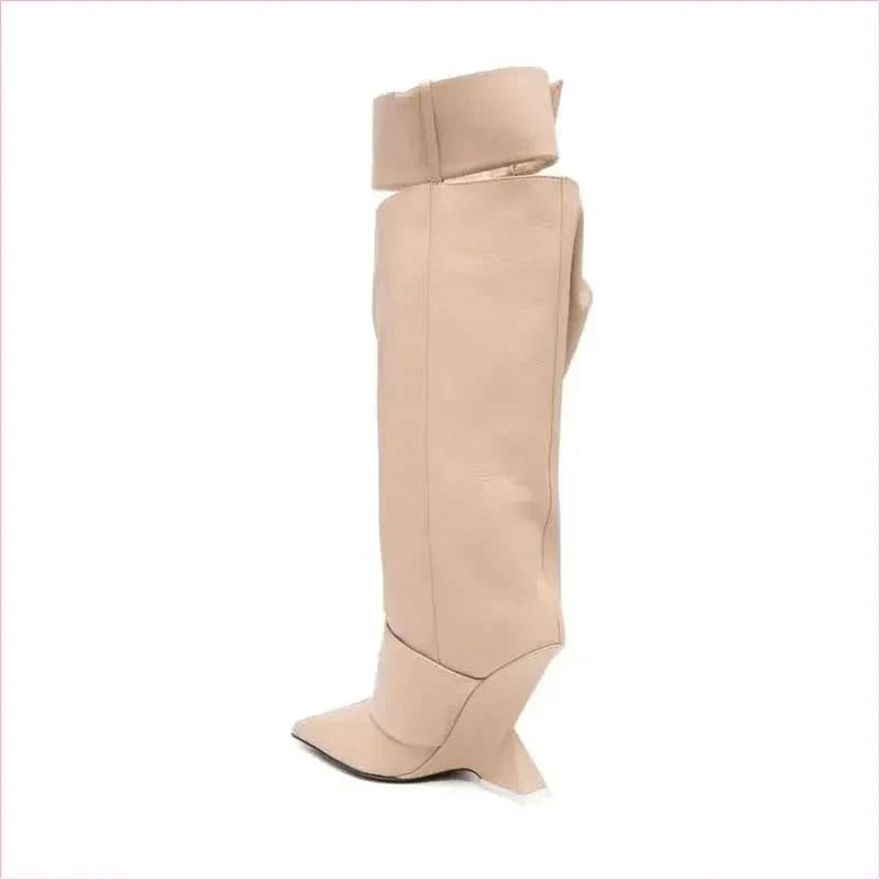 Black Leather Knee-high Boots with Pointed Toe and Unique High Wedge