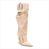 Black Leather Knee-high Boots with Pointed Toe and Unique High Wedge
