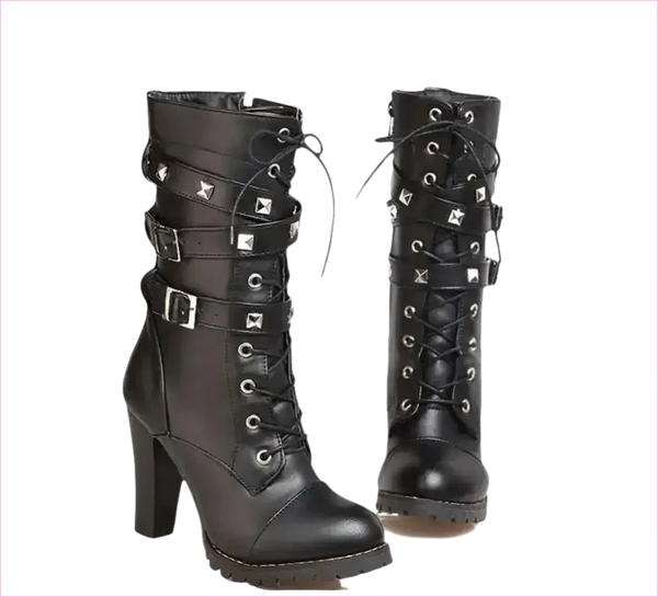 Black Leather Multi Buckle Lace Up Studded Ankle High Boots