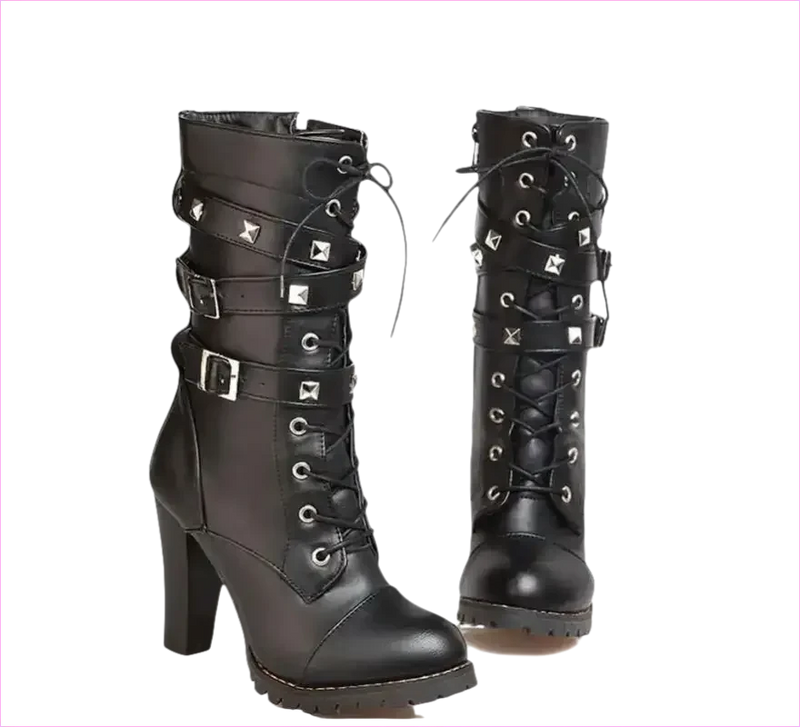 Black Leather Multi Buckle Lace Up Studded Ankle High Boots