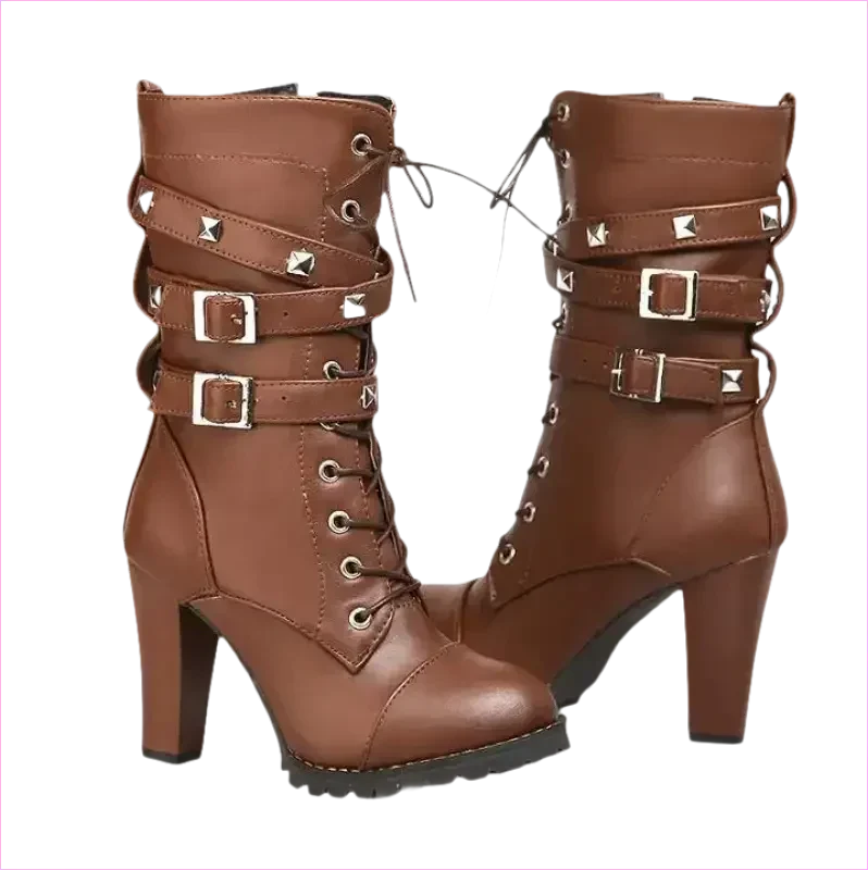 Black Leather Multi Buckle Lace Up Studded Ankle High Boots