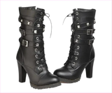 Black Leather Multi Buckle Lace Up Studded Ankle High Boots