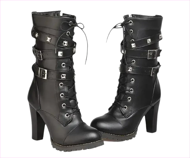 Black Leather Multi Buckle Lace Up Studded Ankle High Boots