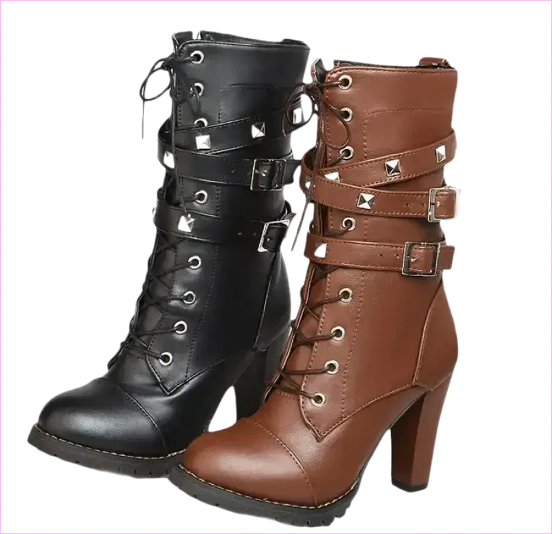 Black Leather Multi Buckle Lace Up Studded Ankle High Boots