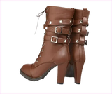 Black Leather Multi Buckle Lace Up Studded Ankle High Boots