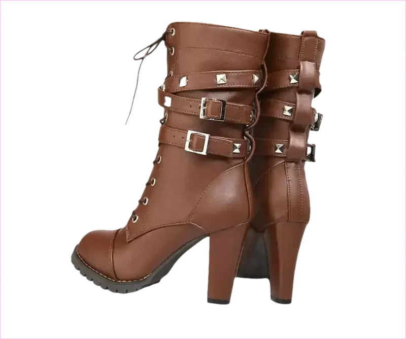 Black Leather Multi Buckle Lace Up Studded Ankle High Boots