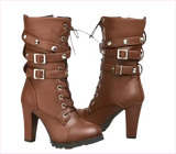Black Leather Multi Buckle Lace Up Studded Ankle High Boots