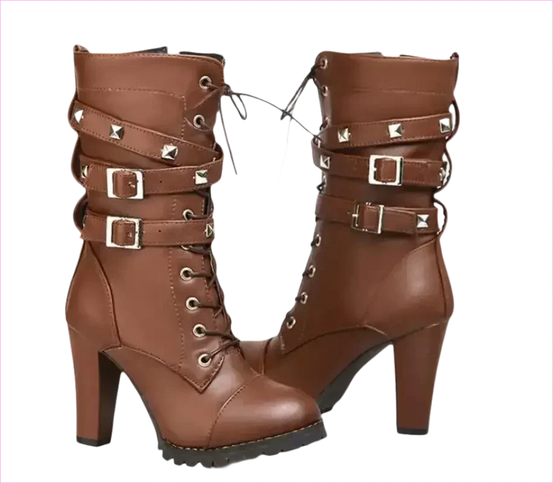 Black Leather Multi Buckle Lace Up Studded Ankle High Boots