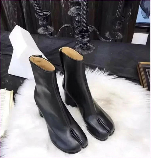 Black Leather Split Toe Tabi Boots with 8cm Block Heel