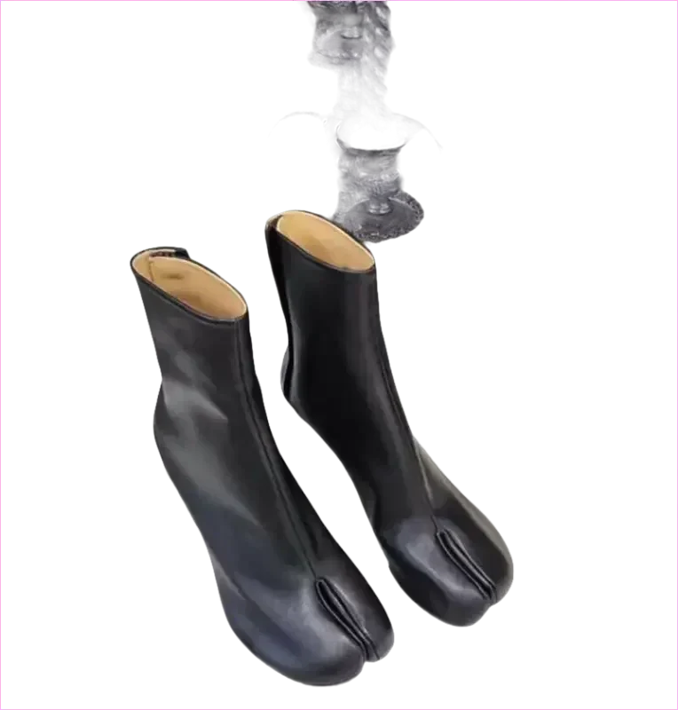 Black Leather Split Toe Tabi Boots with 8cm Block Heel