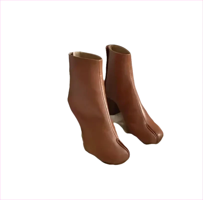 Black Leather Split Toe Tabi Boots with 8cm Block Heel