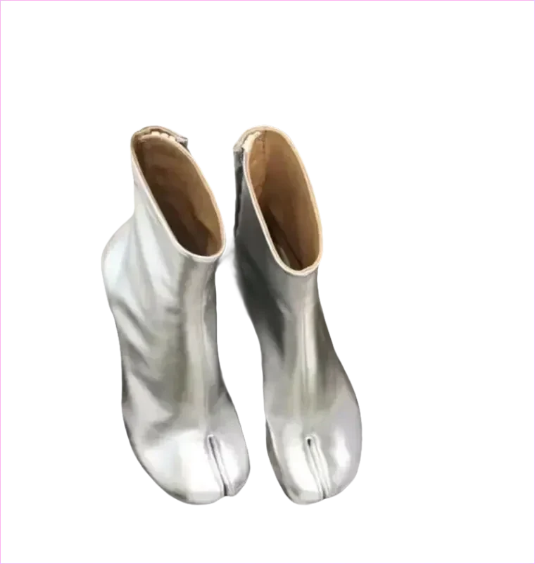 Black Leather Split Toe Tabi Boots with 8cm Block Heel