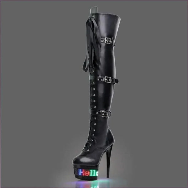Black Leather Thigh Length High Heel Boots with Rainbow Platform