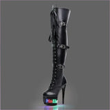 Black Leather Thigh Length High Heel Boots with Rainbow Platform