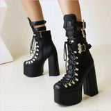 Black Multi Buckle Platform Boots with High Wedge Heel