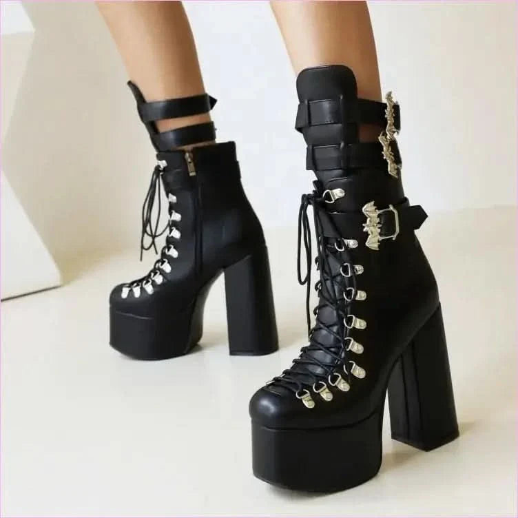 Black Multi Buckle Platform Boots with High Wedge Heel