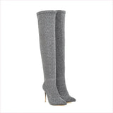 Black Pointed Toe Over-the-knee Unisex Boots with Gold Heels