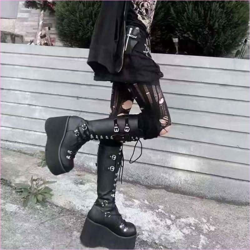 Black Punk Buckle Boots with Round Toe for Gothic Steampunk Style
