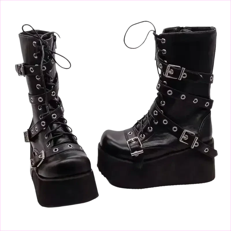 Black Punk Platform High Wedge Lace Up Steampunk Boots