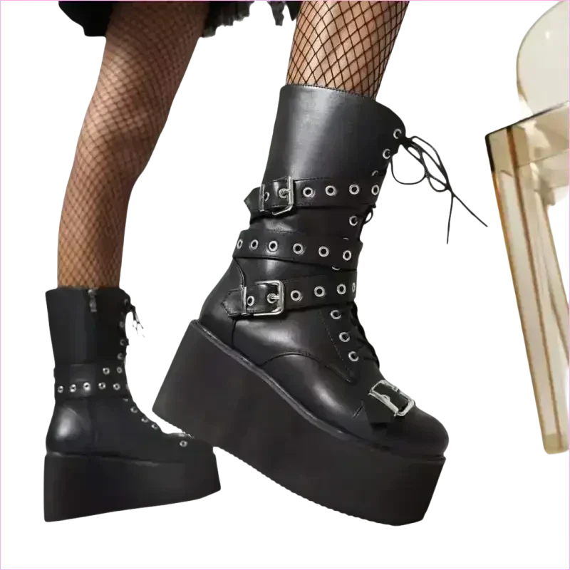 Black Punk Platform High Wedge Lace Up Steampunk Boots