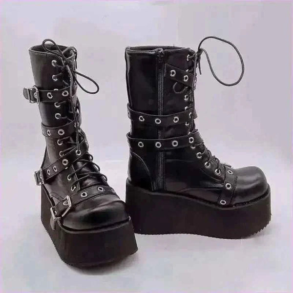 Black Punk Platform High Wedge Lace Up Steampunk Boots