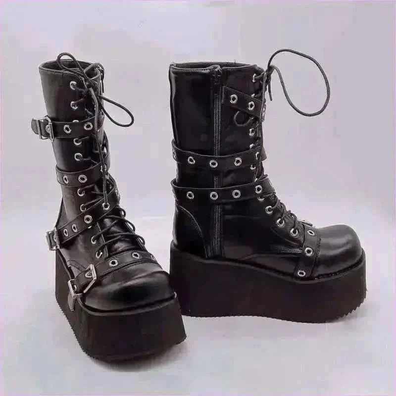 Black Punk Platform High Wedge Lace Up Steampunk Boots