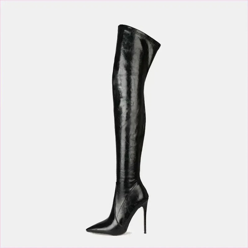 Black Sexy High Heel Thigh Length Pointed Toe Boots
