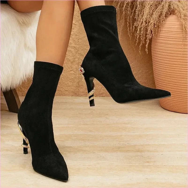 Black Stiletto Elasticated Sock Boots with Snake Heel and Jewel Accents