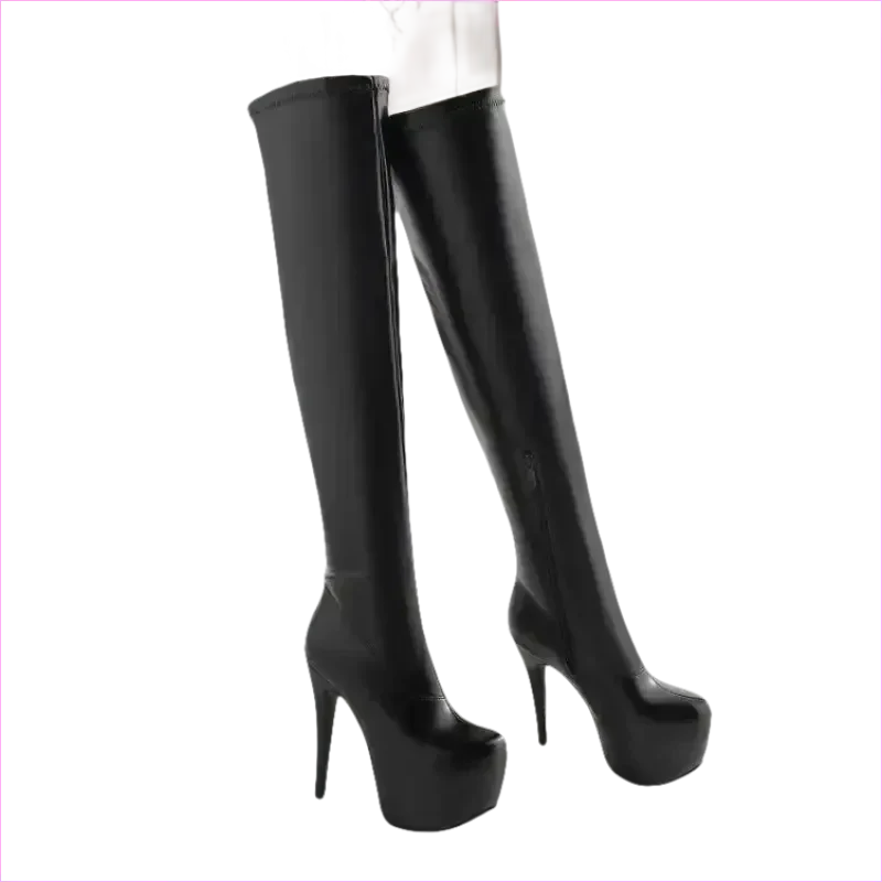 Black Thigh-high Platform Boots with Stiletto Heels for Ladies