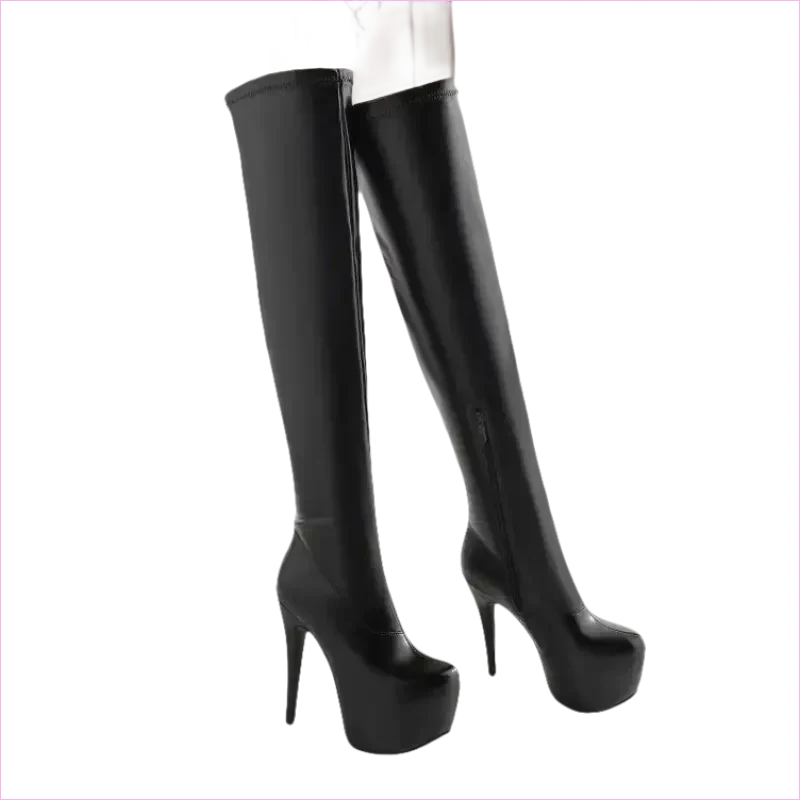 Black Thigh-high Platform Boots with Stiletto Heels for Ladies