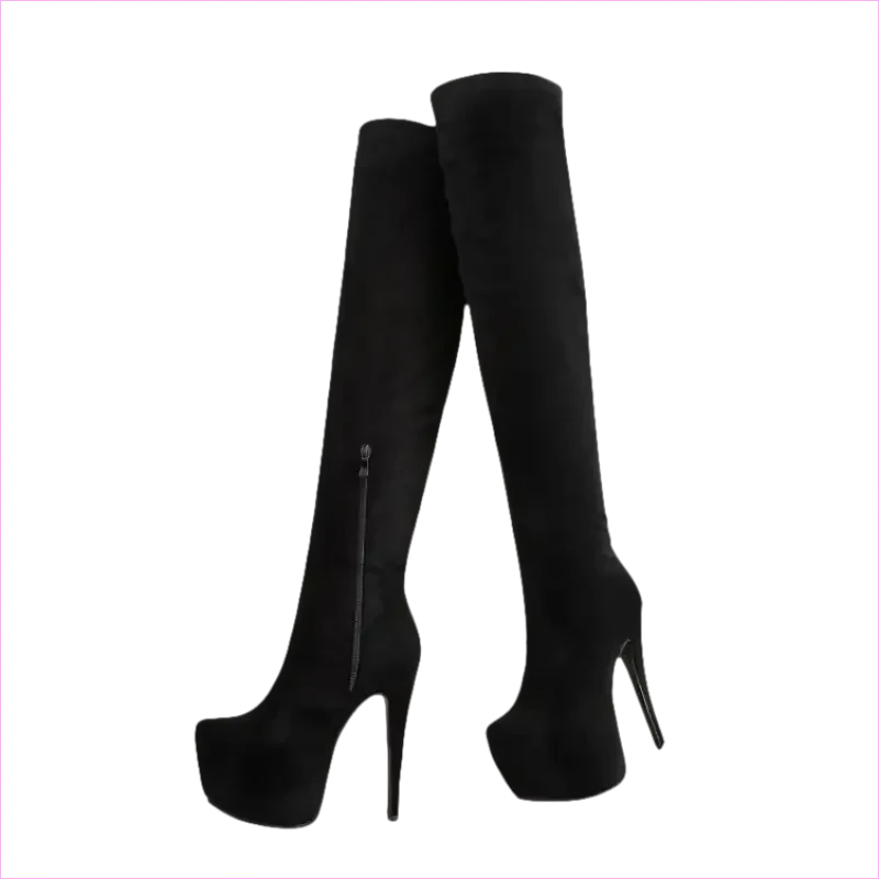 Black Thigh-high Platform Boots with Stiletto Heels for Ladies