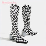 Black White Checkerboard Pointed Women's Boots with Square Heel