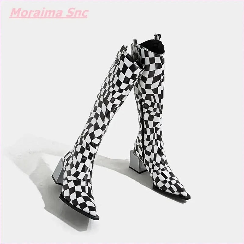 Black White Checkerboard Pointed Women's Boots with Square Heel