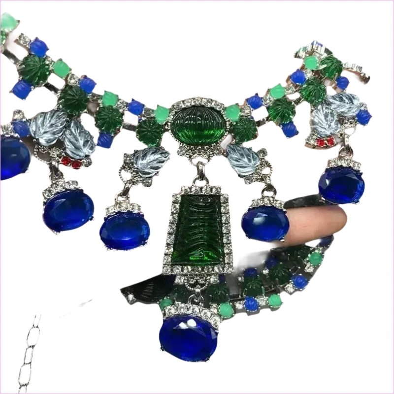 Blue Rhinestone Necklace and Earrings Set with Gemstone Accents